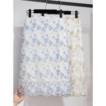 2025夏季溫柔重工刺繡網紗蕾絲包臀中長款高腰修身a字一步半身裙