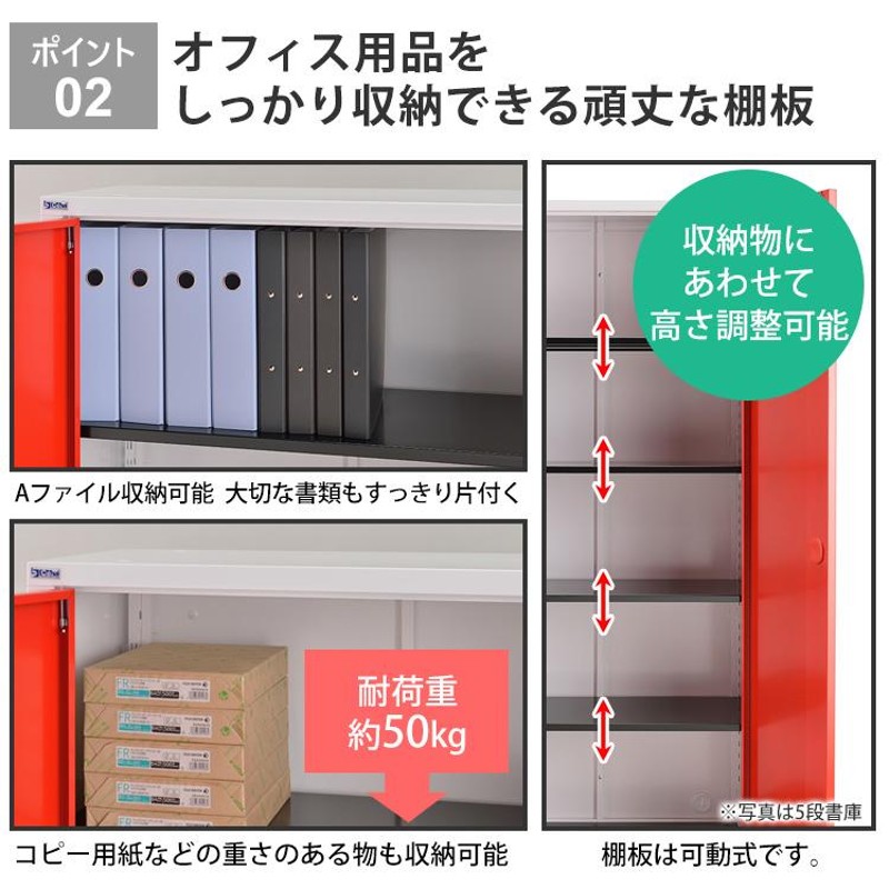 スチール書庫 本棚 5段 扉付き 鍵付き A4 耐荷重75kg 抗菌 ブルー オレンジ レッド ブラック | LINEショッピング