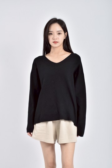 (F) 質感針織V領長袖黑色毛衣