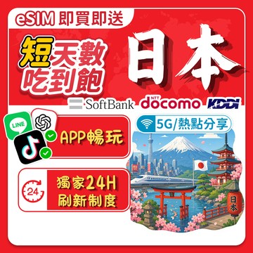 【飛網科技】日本eSIM 1-12天短途 KDDI DOCOMO Softbank 無限量吃到饱 日本網卡 原生網路