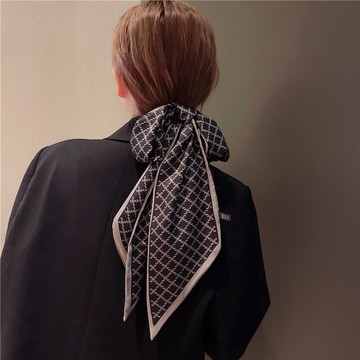 黑白長條法式絲帶裝飾復古扎頭發絲巾發帶薄款女春秋編發領巾