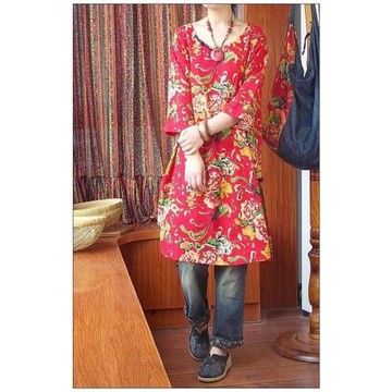 春夏秋款復古民族風東北大花布手工盤扣棉麻寬松七分袖襯衫上衣女