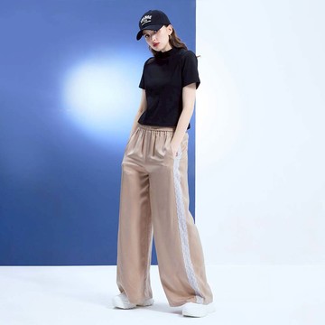 HONOR立體紋理側蕾絲拼接寬褲-杏