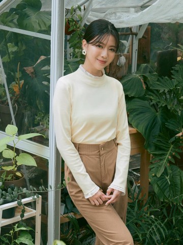 磨毛立領蕾絲拼接長袖上衣