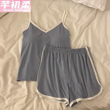 ins韓係潮睡衣套裝 涼感冰絲睡衣女 夏季吊帶背心+短褲兩件套 帶胸墊睡衣 簡約薄款套裝 家居服可外穿 休閒舒適居家服