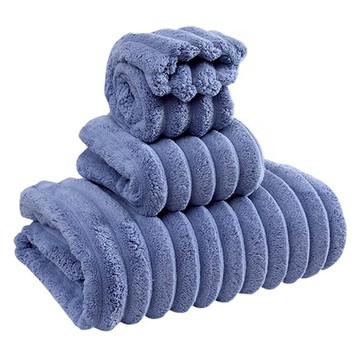 雲朵條珊瑚絨沐浴3件組 靛青藍 含毛巾35cmx75cm/乾髮巾25cmx63cm/浴巾70cmx140cm  1組