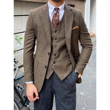 鹿三先生意式通勤西服男秋冬百搭日系復古人字紋羊毛小西裝外套潮