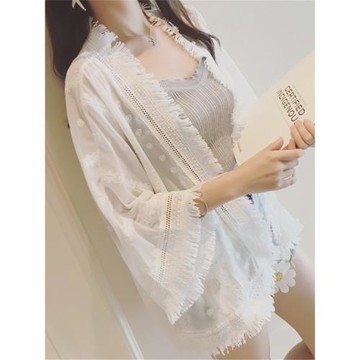 白色雪紡防曬衫女長袖薄款開衫夏薄沙灘夏季外套海邊中長款寬松