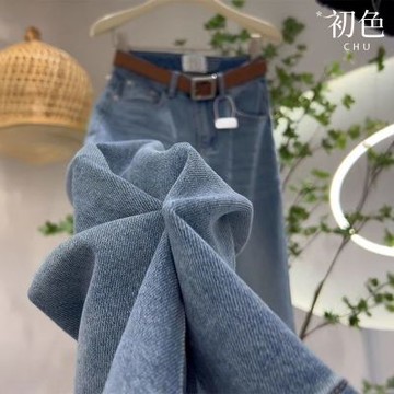 初色 復古風簡約高腰顯瘦牛仔褲寬褲長褲-共2款-39612(M-4XL可選)