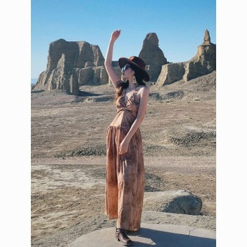 【台灣有貨】實拍 新疆旅遊穿搭沙漠裙子女夏海邊度假高級感V領收腰露背掛脖連衣裙