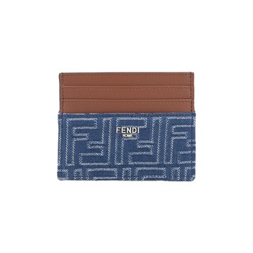 FENDI FF Logo 棉質牛仔布及皮革6卡名片夾/卡片夾(單寧藍)