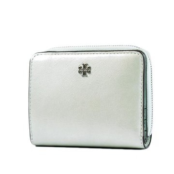 TORY BURCH 銀字LOGO皺褶皮革釦式對開短夾-薄荷綠