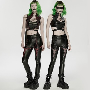 賽博龐克超級士兵裂紋仿皮長褲 - 黑 / 紅