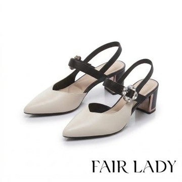 FAIR LADY 芯太軟 撞色斜口金屬鏡面粗跟涼鞋 奶油 (4M3189)
