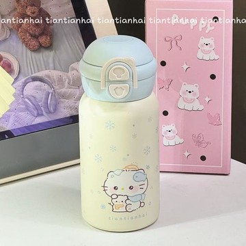 學生雪花小貓保溫杯女2025新款高顏值吸管杯子可愛便攜小巧不銹鋼
