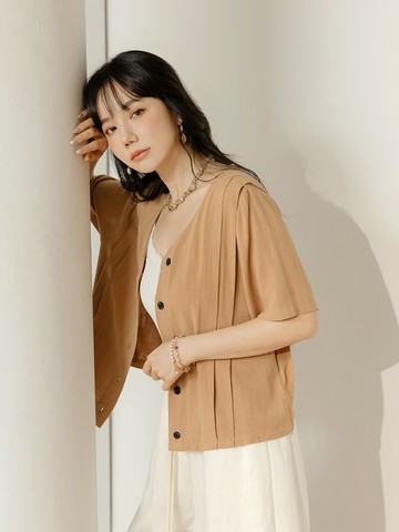 棉麻修身層次打褶開襟短袖上衣