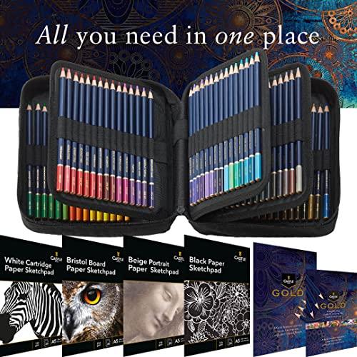 Castle Art Supplies Gold Standard Coloring Pencils Set with Extras Quality Oil-based Colored Cores Stay Sharper, Tougher Against Breakage For