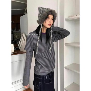 Unique SEI 街頭撞色復古條紋假兩件短款顯瘦百搭休閑長袖T恤上衣