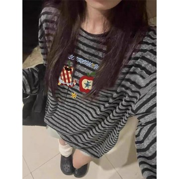 早秋韓版休閒黑灰簡約別致條紋慵懶風減齡日系長袖t恤設計感上衣