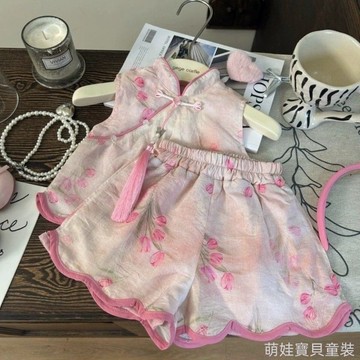 【可愛萌趣】女童夏季透氣無袖立領背心短褲套裝 女童汉服套装 儿童国潮盘扣短袖套装 女童新中式漢服套裝 女童套裝 兒童衣服