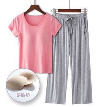 可外穿 帶胸墊睡衣女夏莫代爾短袖 加大碼休閑瑜伽運動家居服套裝