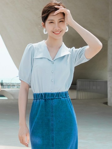 涼感．V領開襟拋袖襯衫上衣