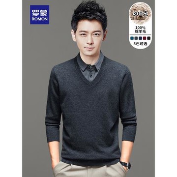 羅蒙男士毛衣秋冬季新款寬松100%純羊毛爸爸裝假兩件襯衫領針織衫