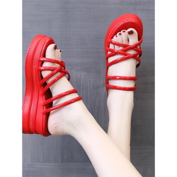 輕便厚底坡跟一字拖鞋女夏季外穿韓版百搭防滑松糕底涼拖鞋女大紅