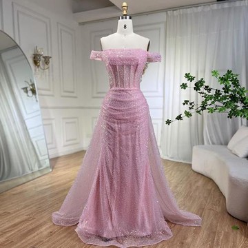 【女神婚紗禮服】輕奢果凍感鎏金亮片多色一字肩魚尾晚宴服LA72204公主粉