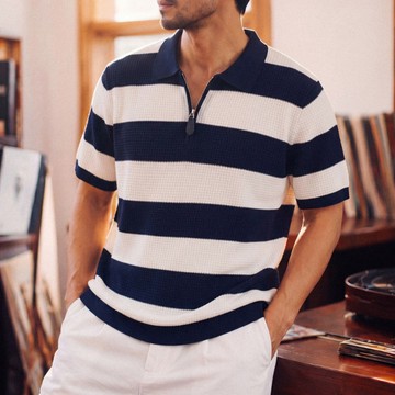 Wuluwear 萊賽爾條紋POLO衫男寬鬆大尺碼半拉鍊針織短袖夏季涼感通勤休閒T恤