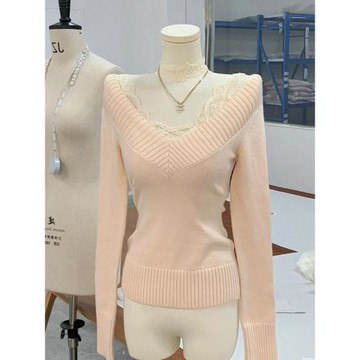 性感辣妹風蕾絲拼接粉色V領針織衫女秋季新款絕美修身百搭上衣潮