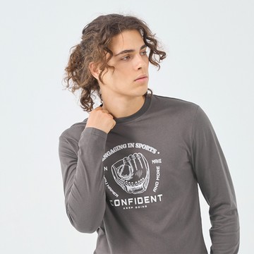 GIORDANO 男裝棒球印花長袖上衣 - 06 深灰
