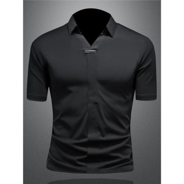 歐洲站彈力冰絲襯衫V領T恤男裝夏季新款短袖潮牌痞帥半袖翻領襯衣
