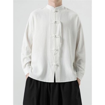 亞麻長袖襯衫外套男秋季中國風男裝襯衣中式立領男士棉麻唐裝上衣