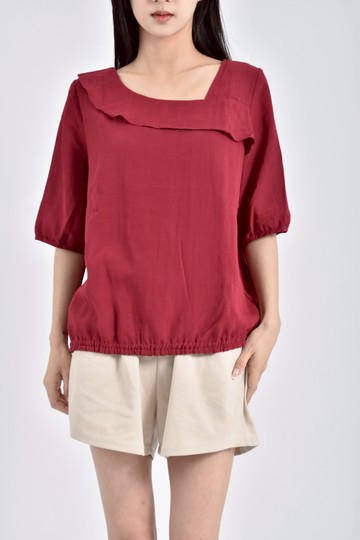 (L) kiki韓牌質感紡紗素面傘邊紅色短袖上衣