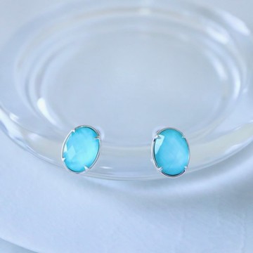 [Hi-Bi] SV925 銀製 高品質天然土耳其石 × 石英 一對式耳釘