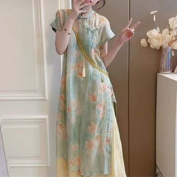 【ACheter】盤扣斜門襟新中式中長款茶服側開叉短袖洋裝# 125249