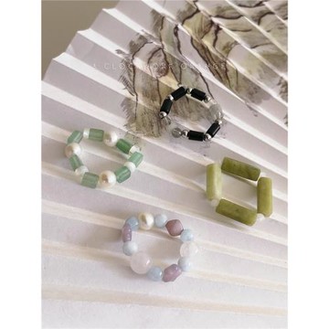 「庭院」原創設計新中式戒指天然石彈力可調節海藍寶黑瑪瑙珍珠女