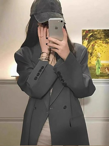 高級感灰色西裝外套女春秋2024年新款寬松oversize黑色小西服套裝【淘夢屋】