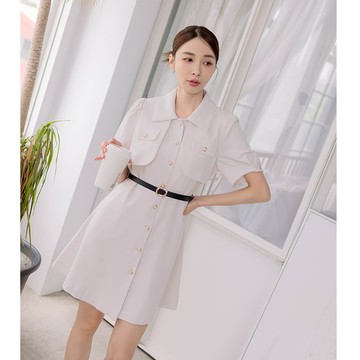 【初秋新品】HS 復古泡泡袖短洋裝 杏色