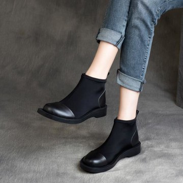 2025秋冬新款森女帥氣真皮拼色套腳平底單鞋英倫風彈力靴