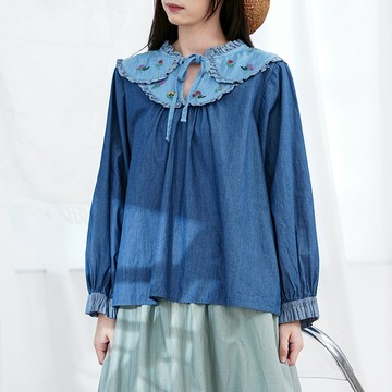 刺繡花邊系帶領牛仔棉上衣159148