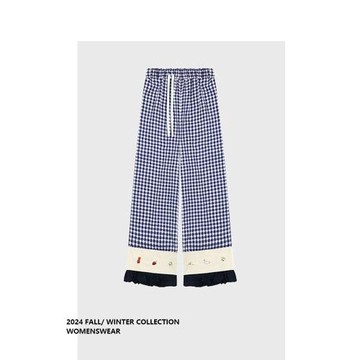 拉夏貝爾格子休閑褲拼接設計感2025秋季新款顯瘦寬松百搭直筒褲女