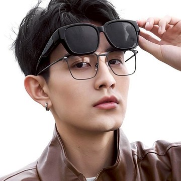 休閒時尚曜影黑方框全罩式寶麗來偏光墨鏡│ 外掛式UV400太陽眼鏡│包覆套鏡 曜影黑600