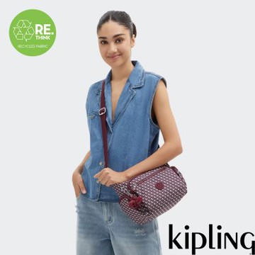 『牛角包』Kipling 酒紅K字印花多袋實用側背包-GABBIE S