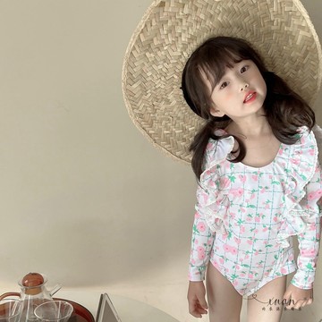 Xuan♥ 韓版女童花朵泳衣中小童連體泳衣可愛寶寶公主長袖沙灘防曬沖浪服