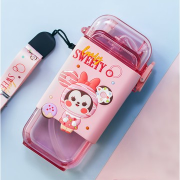 優貝選 迪士尼立體3D圖案矽膠包覆方形兒童用吸管水壺  粉色甜甜圈米妮  1個  280ml