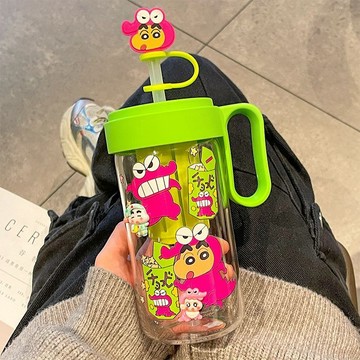 可愛水杯🎀 蠟筆小新吸管新款水杯玻璃杯高顏值耐高溫學生杯子便攜帶茶隔