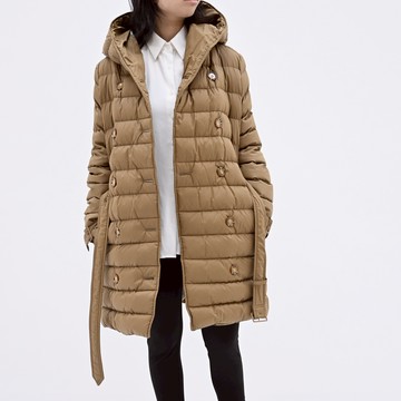 BURBERRY 8091110 WITLEY 繫腰帶連帽款長版羽絨外套.咖