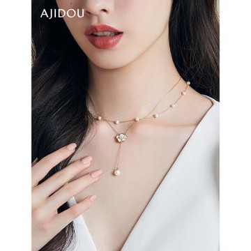 AJIDOU阿吉豆項鏈女山茶花雙層珍珠項鏈輕奢鎖骨鏈配飾爆款毛衣鏈